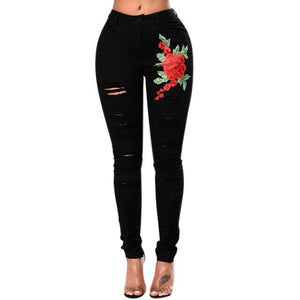 Fashion Women Rose Embroidery Ripped Jeans Pants Skinny Holes High Waist Denim Long Trousers-Live Ur Life Perfumes