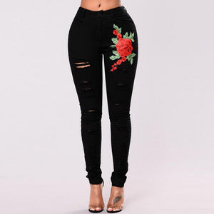 Fashion Women Rose Embroidery Ripped Jeans Pants Skinny Holes High Waist Denim Long Trousers-Live Ur Life Perfumes