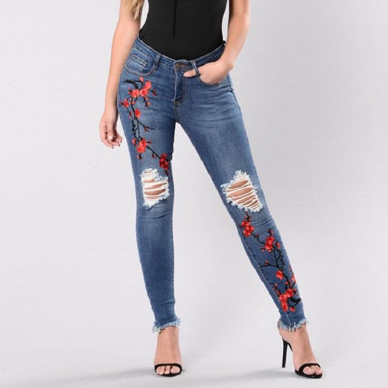 Flower Embroidery Hole Ripped Jeans Women-Live Ur Life Perfumes