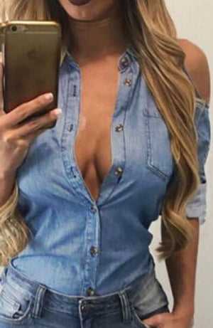 Women Blouses Jean Plus Size Tops Sexy Off Shoulder Turn-down Collar Denim Shirt-Live Ur Life Perfumes