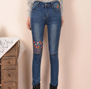 Women Jeans Trousers Thin Stretch Slim Embroidery Blue Long Denim-Live Ur Life Perfumes