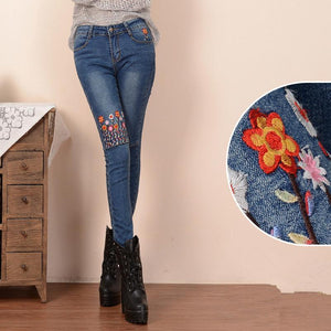 Women Jeans Trousers Thin Stretch Slim Embroidery Blue Long Denim-Live Ur Life Perfumes