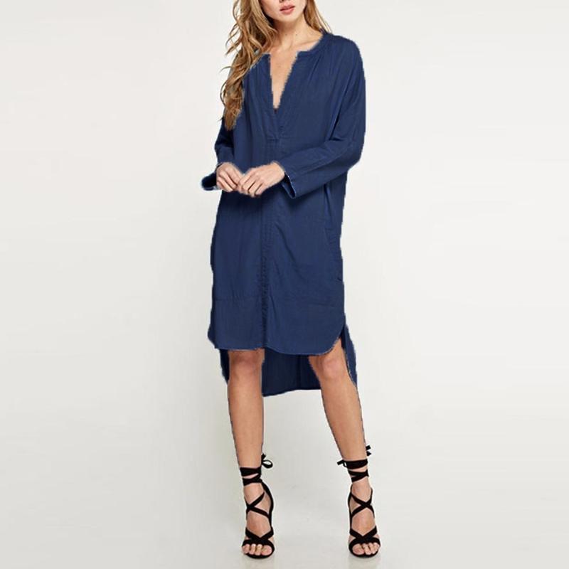 Women Plus Size Vintage Casual Denim Blue V Neck Jean Retro Shirt Dress-Live Ur Life Perfumes